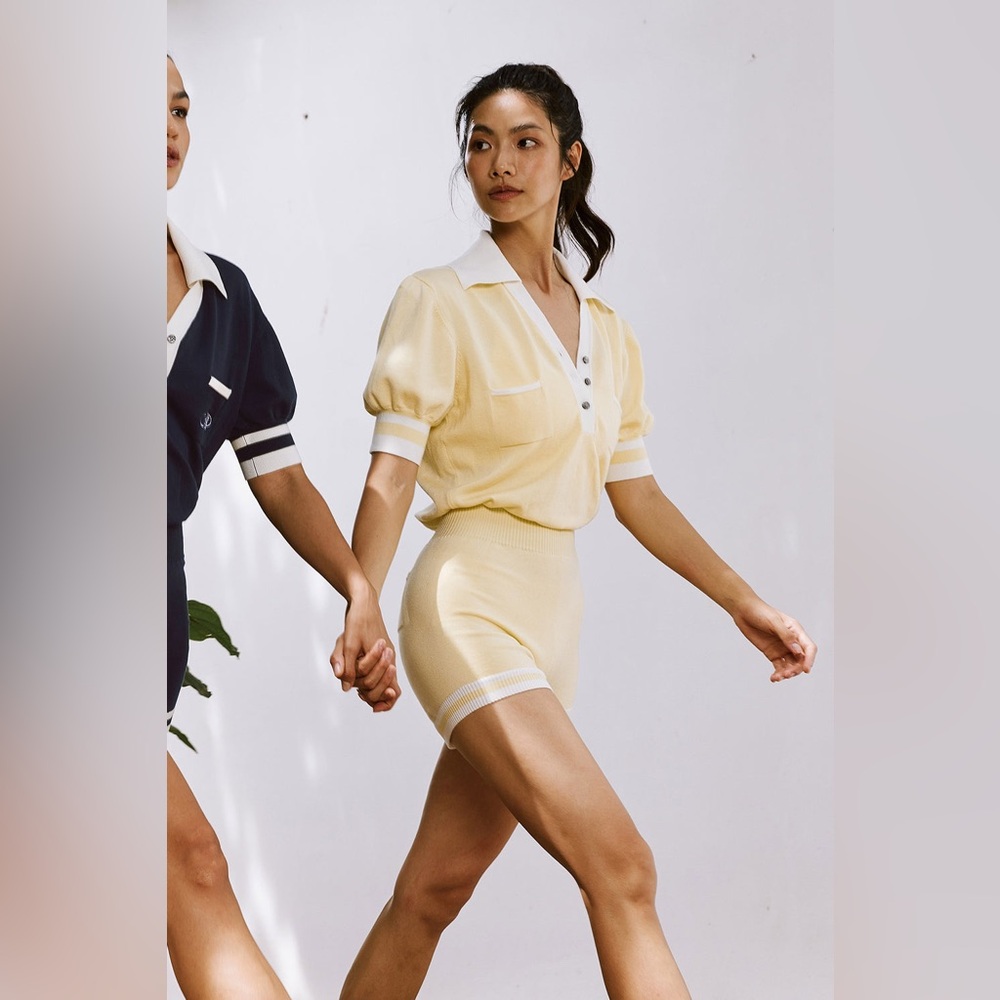 Polo Collar Puff-Sleeve Yellow Knit Romper